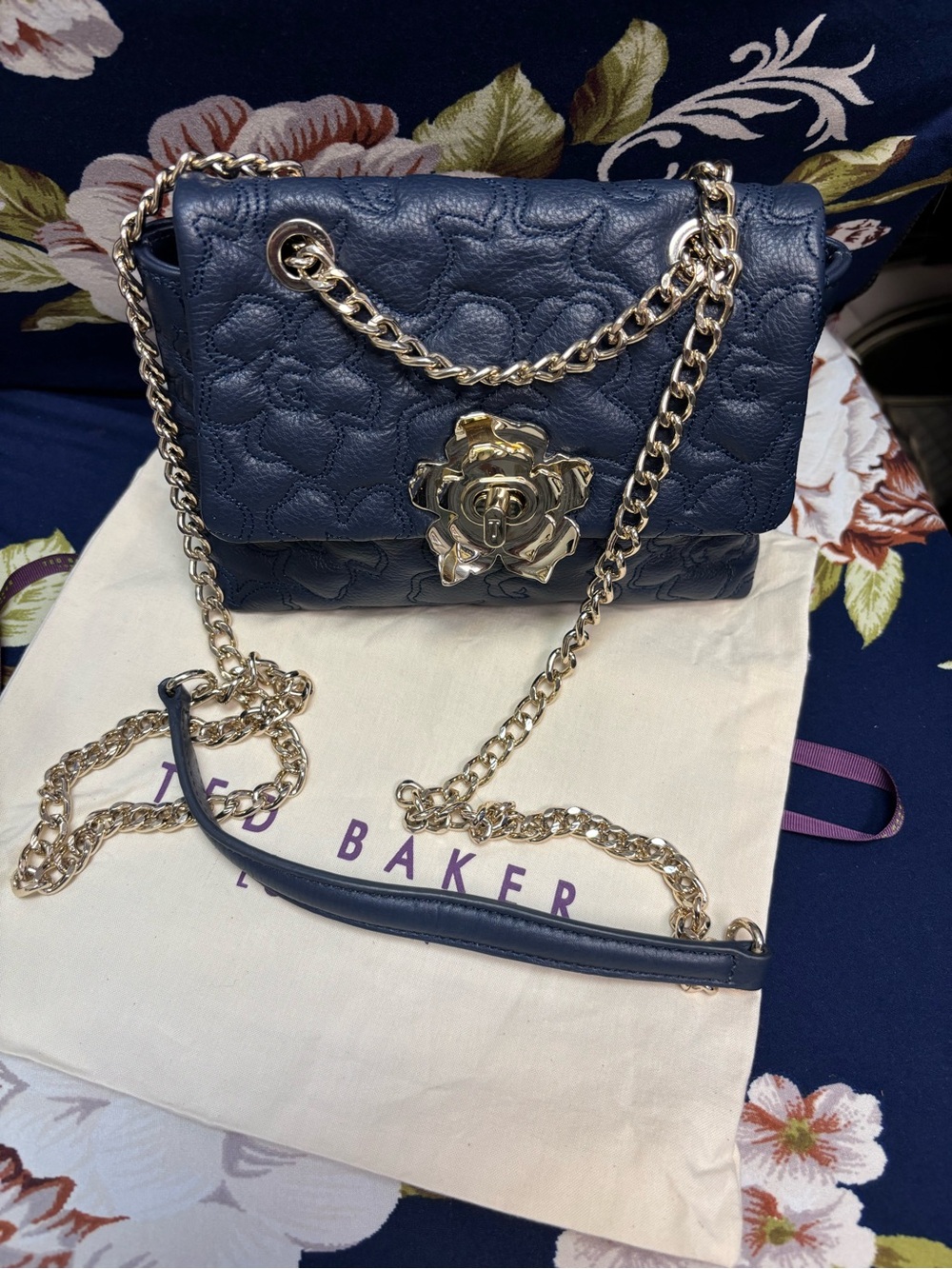 Ted Baker Ayshana Magnolia Quilted Mini Crossbody Bag Navy Blue Leather